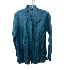 Eileen Fisher Jade Green Long Sleeve Button Down Blouse Mandarin Collar SMALL